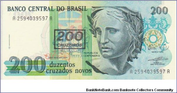 Brazil Cruzados Novos overstamped with 200 Cruzeiros Banknote