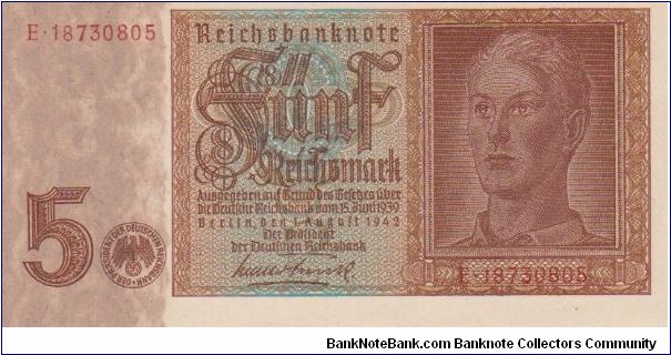 Nazi Germany 5 Reichsmark with a image of a Hilter Youth on the Obverse! Banknote