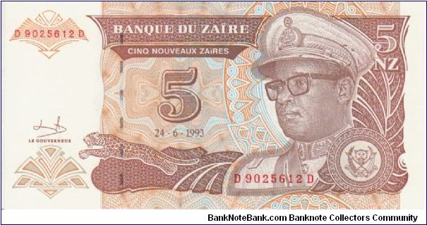 Zaire 5 Nouveaux Zaires dated 1993 Banknote