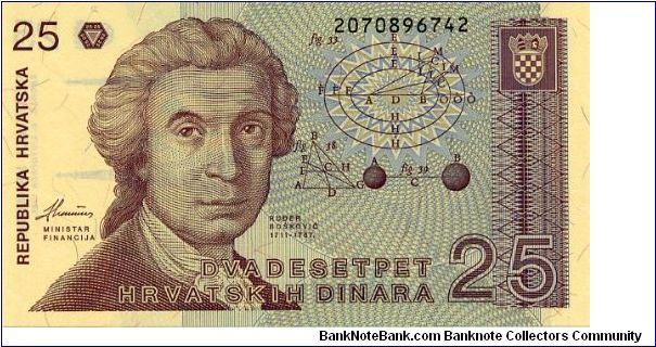 25 Dinar
Purple/Cream
Rudjer Boshkovich - Croatian mathematician, astronomer & physicist
Zagreb Cathedral Banknote