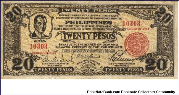 S-224a RARE Cebu Emergency Currency Board 20 pesos note with 3 board members signatures on reverse. Banknote