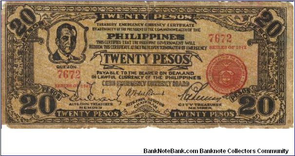 S224a RARE Cebu Emergancy Currency Board 20 Pesos note, low serial number, 3 board member signatures on reverse. Banknote