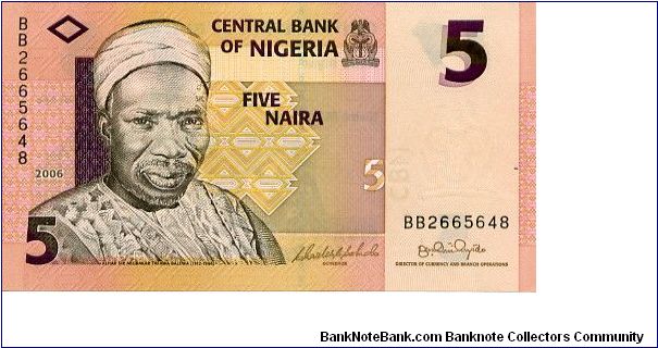 5 Naira
Multi
Sir Abubakar Tafawa Balewa, Politician
Nkpokiti dancers
Security thread
Watermark Central bank logo Banknote