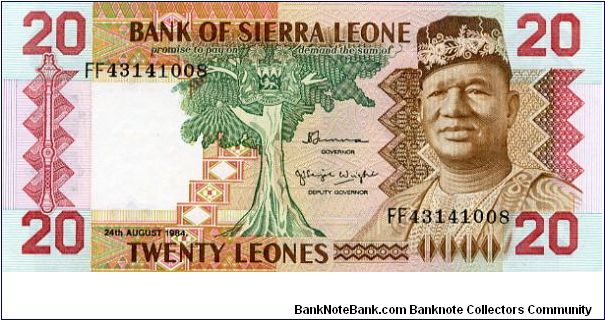 20 Leones
Brown/Green
Tree & President S Stevens 
Two young men pan mining
Security thread
Watermark Lion Banknote