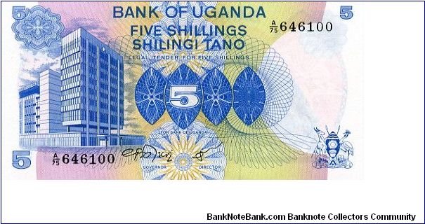 5 Shillings
Blue/Green/Pink/Brown
Bank of Uganda & value
Woman picking coffee beans
Security thread
Watermark Bird Banknote