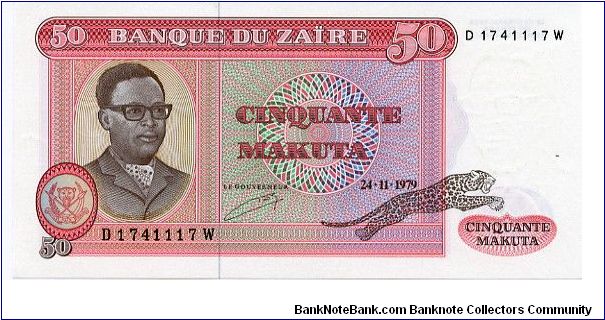 50 Makuta
Purple/Green
Mobutu & Leopard
Chieftain & Fishing
Security thread
Watermark Mobutu Banknote