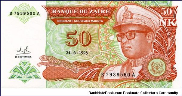 50 Nouveau Makuta
Brown/Green
Sig 9 
Leopard & President Mobutu
Chieftain & Men fishing 
Security thread Banknote