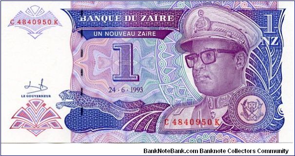 1 Nouveau Zaiers
Purple/Green
Sig 9
Leopard & President Mobutu
Banque du Zaire 
Security thread
Watermark Mobutu Banknote