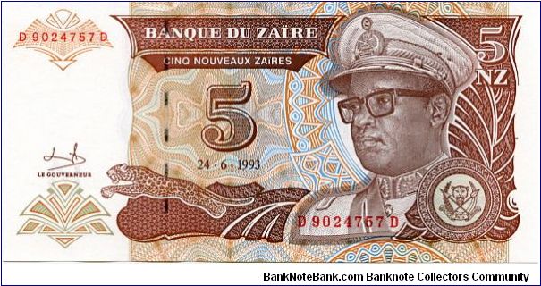 5 Nouveau Zaiers
Brown/Blue
Sig 9
Leopard & President Mobutu
Domed building
Security thread
Watermark Mobutu Banknote