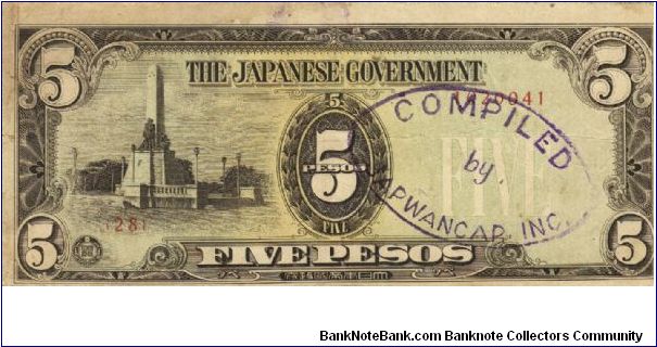 PI-110 Philippine 5 Pesos replacement note under Japan rule, plate number 28. Banknote