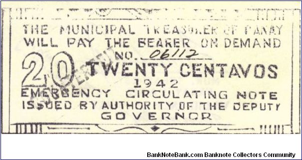 Counterfeit Municipal Treasurer of Panay emergancy circulating 20 Centavos note. Banknote