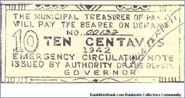 Counterfeit Municipal Treasurer of Panay emergency circulating 10 Centavos note. Banknote