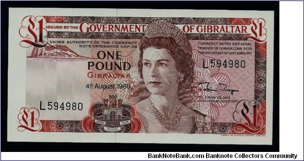 Government of Gibralter One Pound UNC dated 4th August 1988. # L594980. P-20d. Banknote
