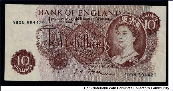 Bank of England 10 Shillings (circa 1967-1970) # A90N 594420, signed J. Fforde (Chief Cashier). Series C. The Series C 10/- was first issued on the 12th October 1961, was last issued on the 13th October 1969, and ceased being legal tender on the 22nd November 1970. Banknote