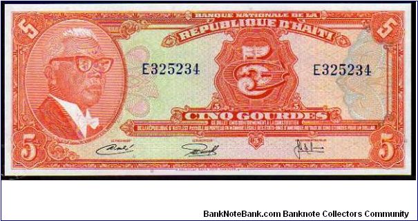 5 Gourdes__
Pk 212__

L.21-05-1935 &
L.15-05-1953__
D 22-11-1973__
Issue 1979
 Banknote