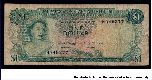 Bahamas Monetary Authority One Dollar, 1968 P-27.  # H549277. Low grade quality. Banknote