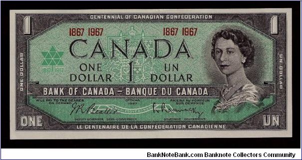 Bank of Canada centennial one dollar bill 1867-1967 (Ottawa 1967) in crisp uncirculated condition. No serial number. Signed Beattie/Rasminsky. Banknote