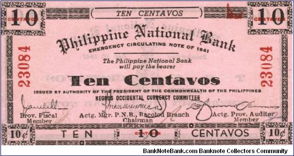 S-621a Negros Occidental 10 centavos note on pink paper. Banknote