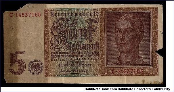 Germany Reichsbank 5 (funf) Mark, dated Berlin 1st August 1942. # C 14837165. The eagle with swastika emblem is on the left hand side of the note next to the numeral '5'. Low grade condition but highly collectable. Banknote