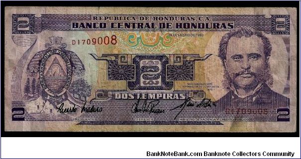 Banco Central de Honduras 2 lempiras # D 1709008. Dated 14 Enero 1993. P-72 Banknote