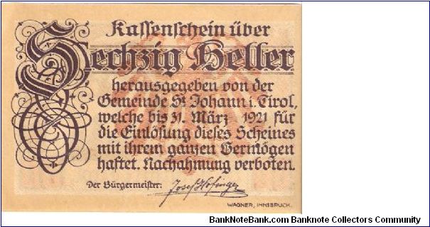 Notgeld (St. Johann & Tirol); 60 heller; March 31, 1921 Banknote