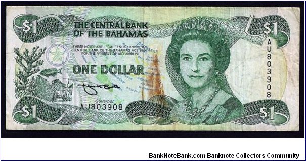 Central Bank of the Bahamas 1 dollar 1974 (1984) P-43. # AU803908. Fair condition; one minor center fold/vertical. 156mm x 67mm. Banknote