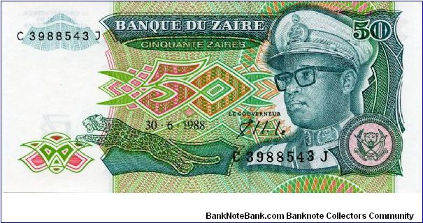 30.6.1988 
50 Zaires
Green/Orange
President Mobutu & Leopard
Men Fishing
Printer HdMZ
Security thread
Watermark Mobutu Banknote