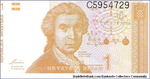 Croatia, 1 Dinar 1991 
(R. Boskovic; Zagreb Cathedral) Banknote