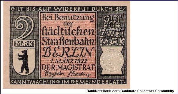Germany, Berlin 2 Marks 1922 Notgeld Banknote