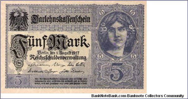 Germany, 5 Marks 1917 Front: Portrait of a German woman; Back: Coat of arms; Watermark: ornamental repeated pattern. Banknote
