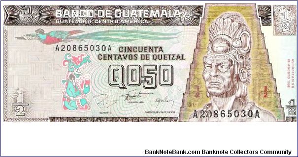 Guatemala, 1/2 Quetzal 1996 (Tecun Uman; Tikal) Banknote