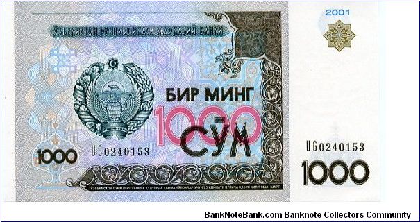 1000 Sum
Purple/Brown/Red/Green
Coat of Arms
Amir Temur Museum
Watermark Coat of arms Banknote
