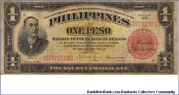 PI-81 Philippines 1 Pesos Treasury certificate. Banknote