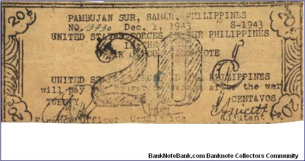 SMR-733 RARE Samar, Pambujan Sur, 20 centavos note. Banknote