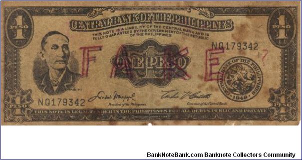 PI-133f Philippine English Series 1 Peso counterfeit note. Banknote