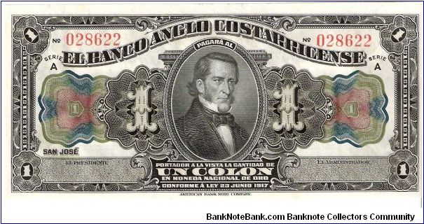 El Banco Anglo Costarricense; 1 colón; June 23, 1917; Series A

Unissued remainder (likely released in 1963 to celebrate 100th anniversary of the bank). Banknote