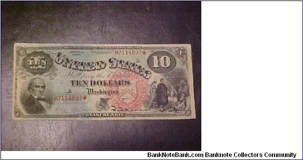 Fr. 96 - 1869 rainbow $10 Legal Tender note.  A nice note, bright colors, but a center hole has been repaired.  Still, not easy to come by!  Also known as a Jackass note as when you turn it upsidedown, the eagle resembles a jackass.  Daniel Webster appears on the face along with Pocahontas. Banknote