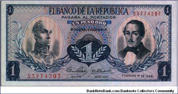 Colombia, 1 peso February 01 1968.

Simón Bolívar at l. Gen Francisco de Paula Santander at r. Liberty head, Condor & waterfall on rvs. Banknote