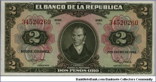 Colombia, 2 pesos January 01 1955. American Bank Note Company Banknote