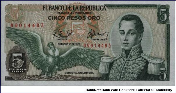 Colombia 5 pesos October 12 1978 

Condor at left. Jose Maria Corboba at right. Fortress at Cartagena on reverse. Banknote