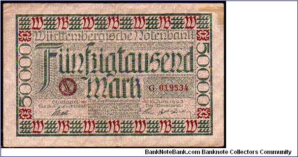 *WURTTEMBERG*

German States
__

50'000 Mark__
Pk S 984__

01-06-1923
 Banknote