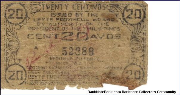 S-403 RARE Leyte 20 Centavos note. Banknote