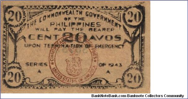 S-403 RARE Leyte 20 Centavos note. Banknote