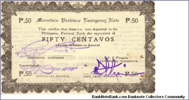 S594b Rare Mountain Province 50 centavos note in series, 5 of 5. Banknote