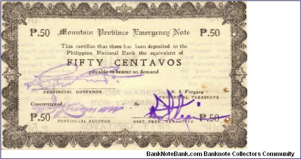 S594b Rare Mountain Province 50 centavos note in series, 4 of 5. Banknote