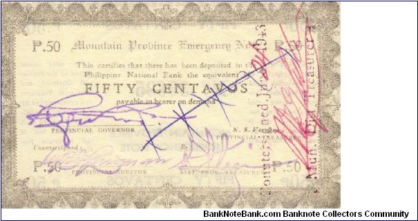 S594b RARE Mountain Province 50 centavos note in series, 1 of 2. Vertical countersigned on front. Banknote