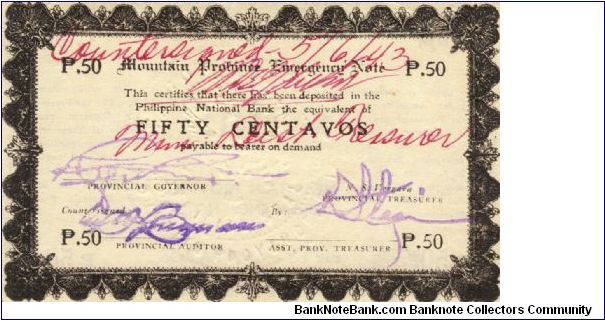 S594b RARE Mountain Province 50 centavos note with horizontal countersign on front. Banknote