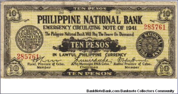 S217b Rare Cebu 10 Pesos note redemed by San Isidoro, Leyte. Banknote