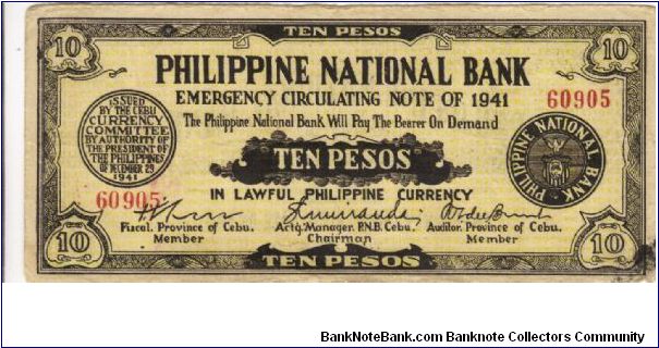 S217a Rare Cebu 10 Pesos note redeamed by Villaba, Leyte. Banknote