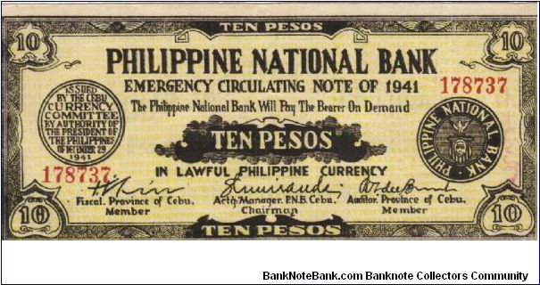 S217b Rare Cebu 10 Pesos note redeamed by Albuera, Leyte. Banknote